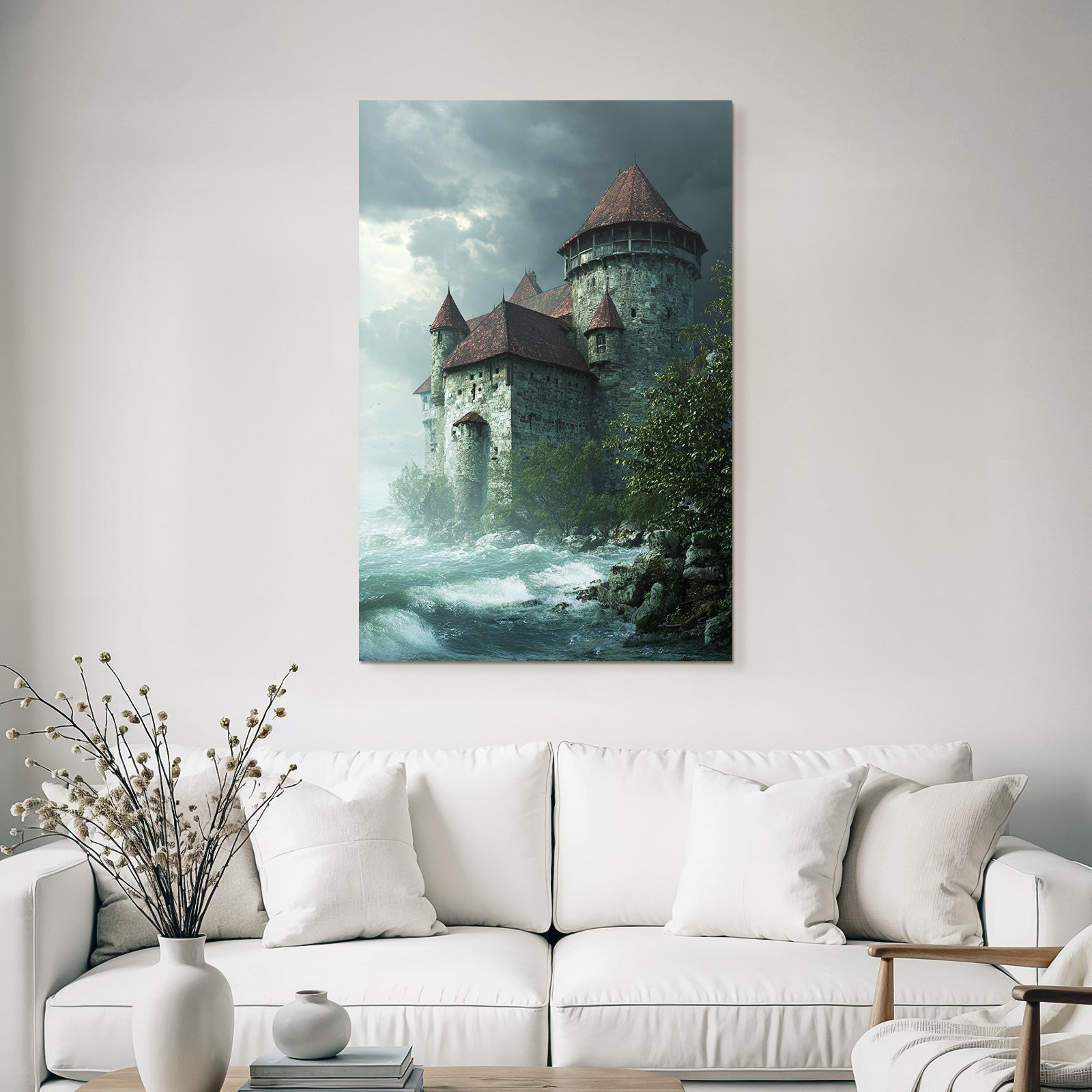 Medieval castle by stormy water under a cloudy sky