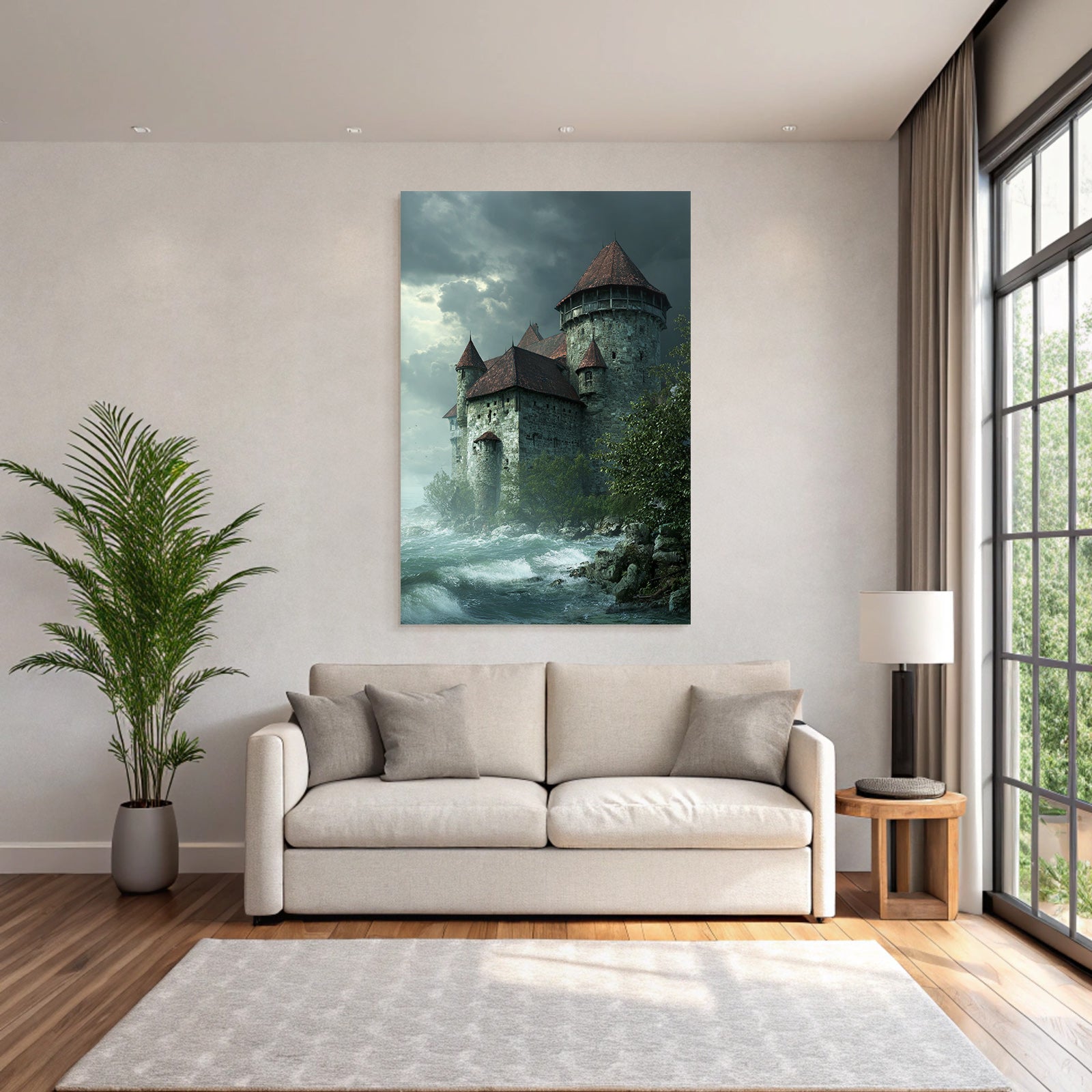 Medieval castle by stormy water under a cloudy sky