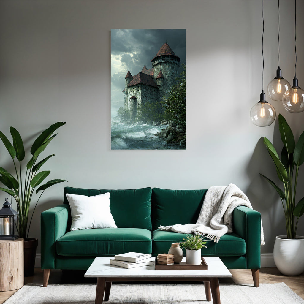 Medieval castle by stormy water under a cloudy sky