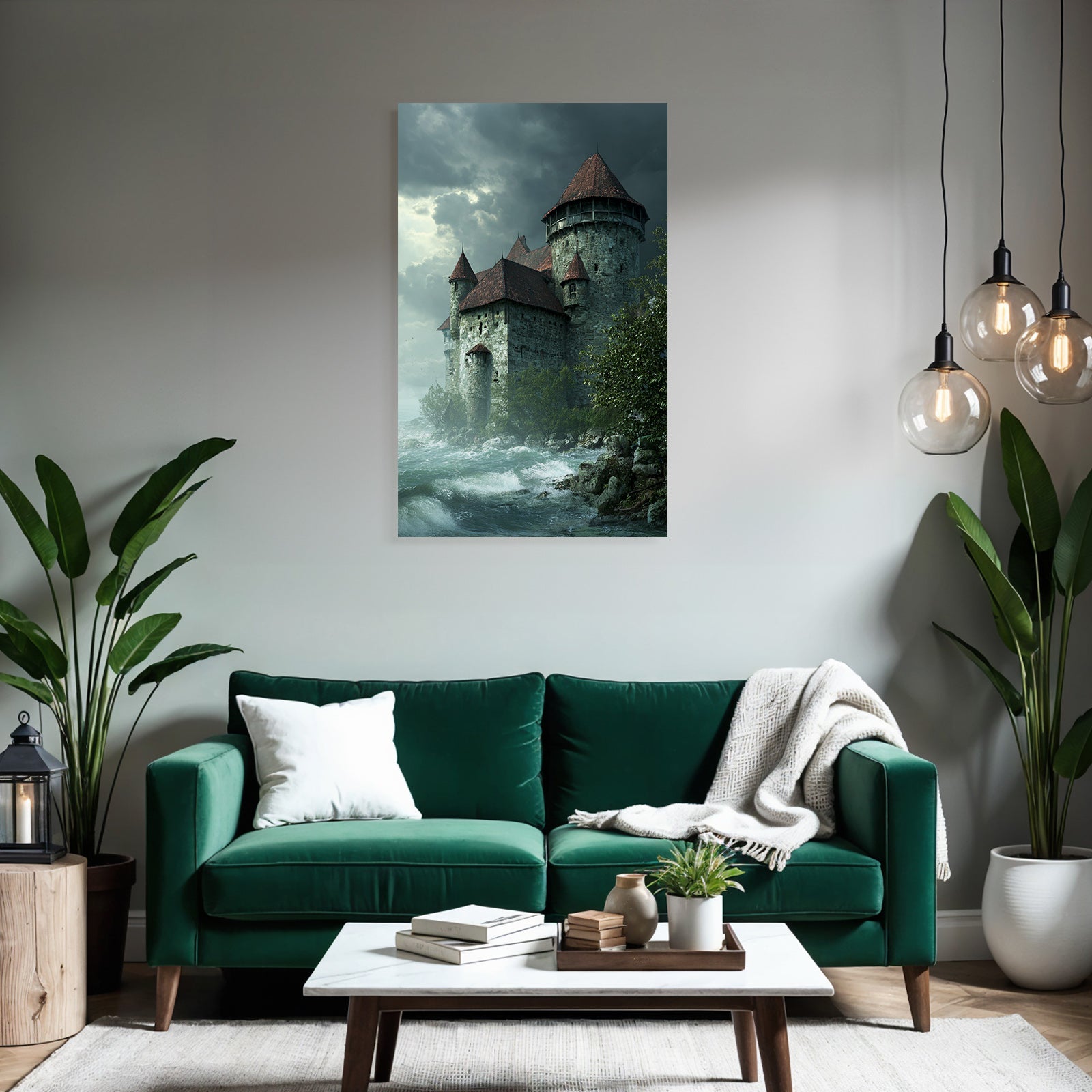 Medieval castle by stormy water under a cloudy sky