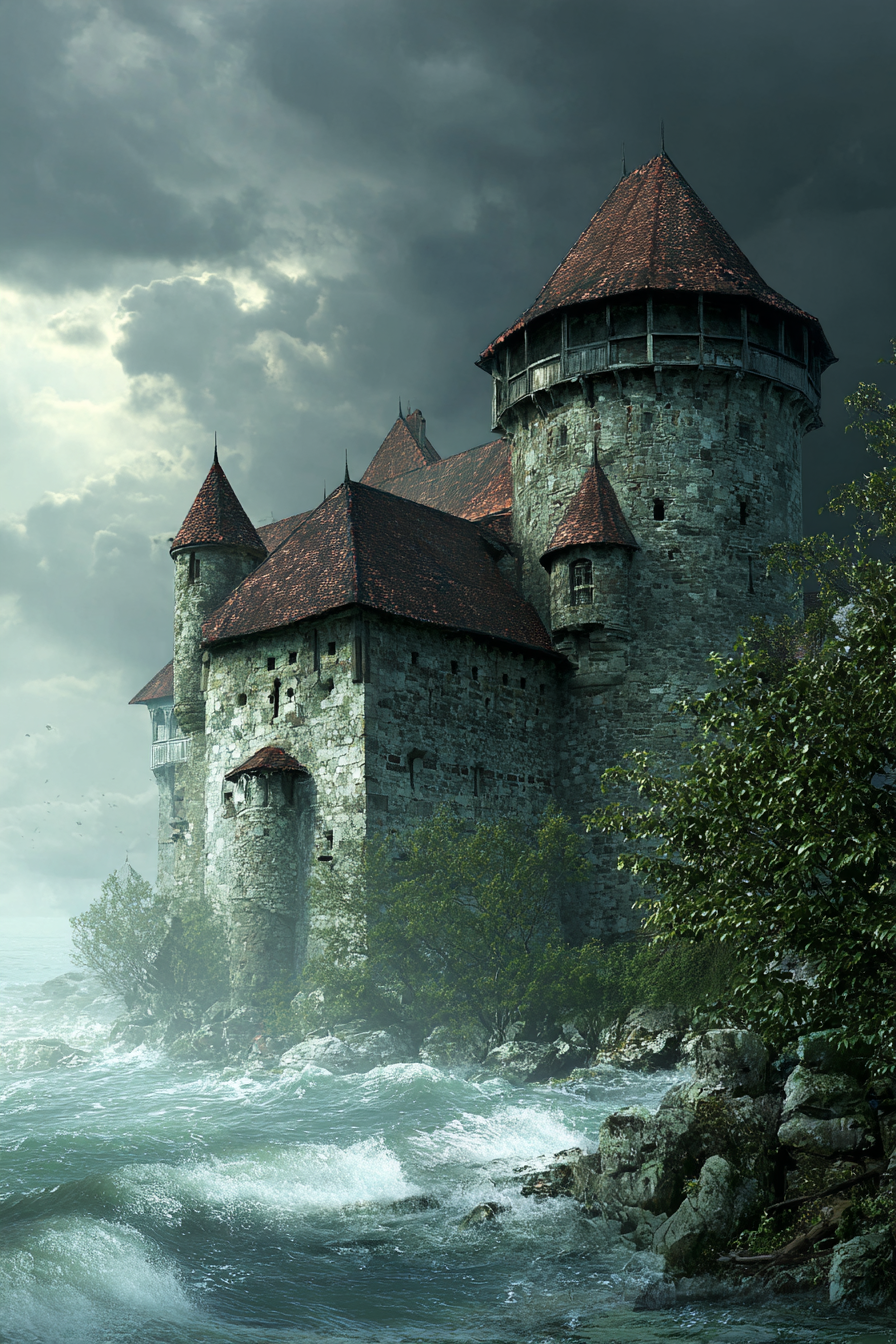 Mittelalterliche Burg Am Stürmischen Wasser Unter Einem Bewölkten Himmel | Scloesser und Burgen | Architektur