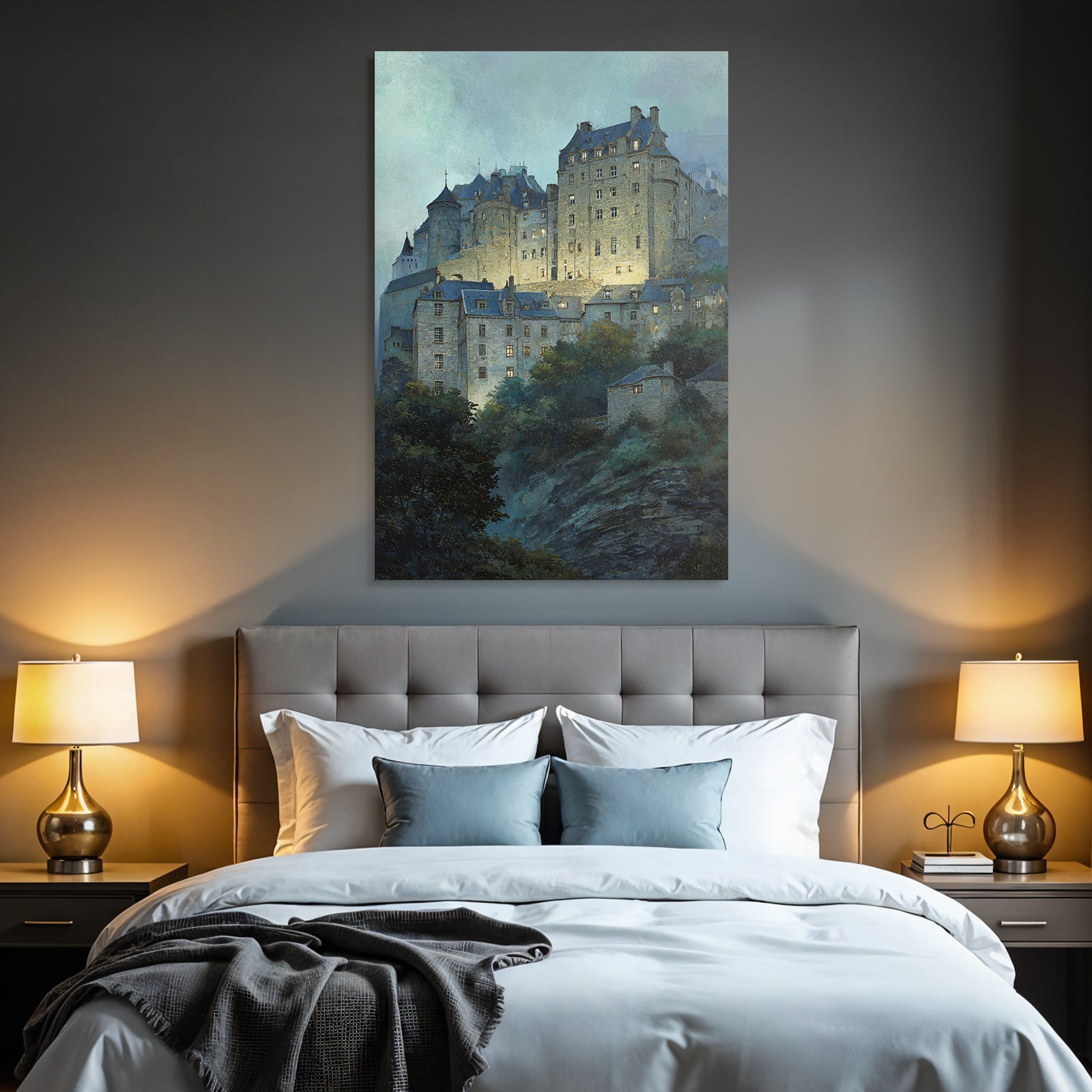 Medieval castle with dark roofs and illuminated windows