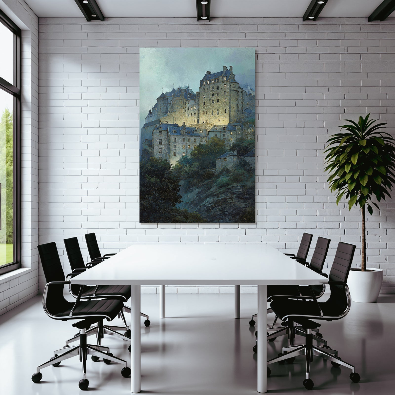 Medieval castle with dark roofs and illuminated windows