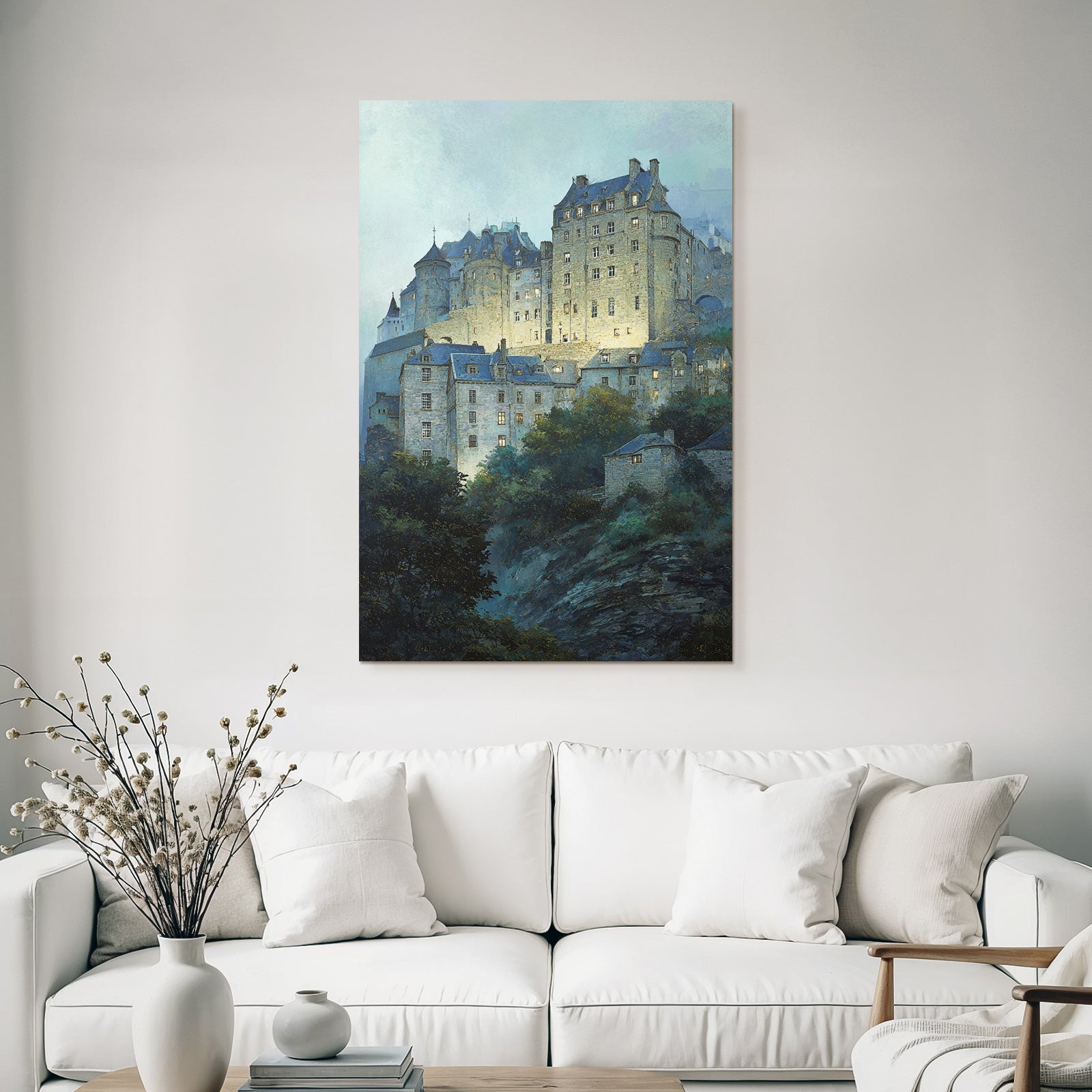 Medieval castle with dark roofs and illuminated windows