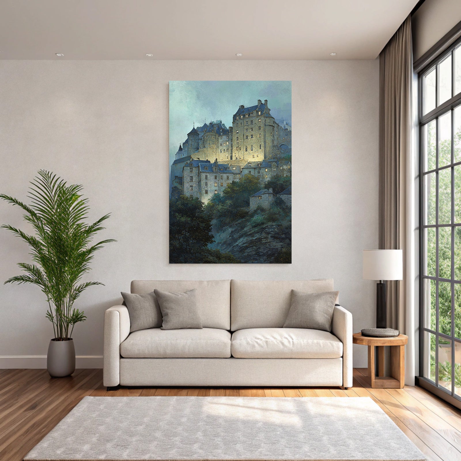 Medieval castle with dark roofs and illuminated windows