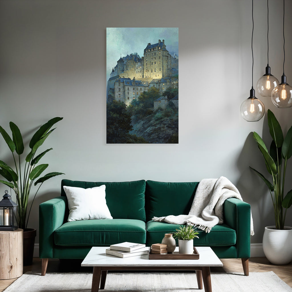 Medieval castle with dark roofs and illuminated windows