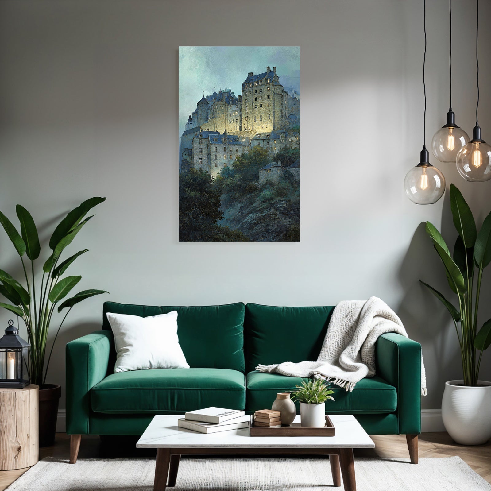 Medieval castle with dark roofs and illuminated windows