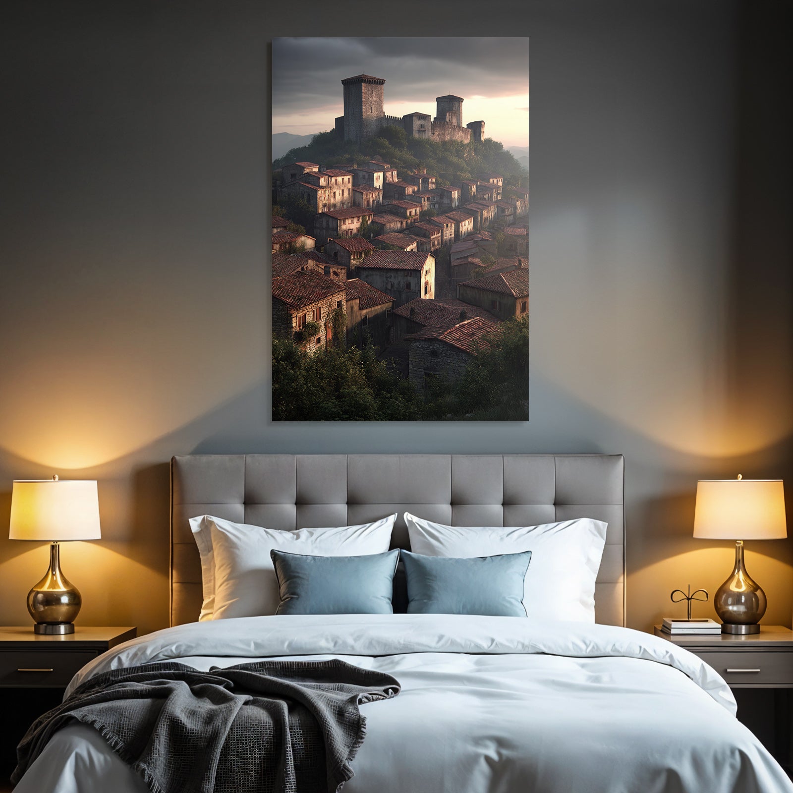 Medieval village with castle in the background at dusk