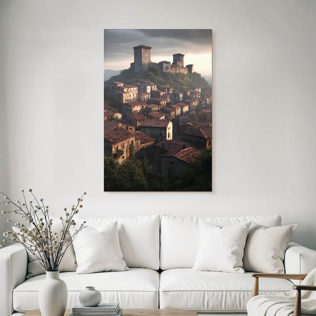 Medieval village with castle in the background at dusk