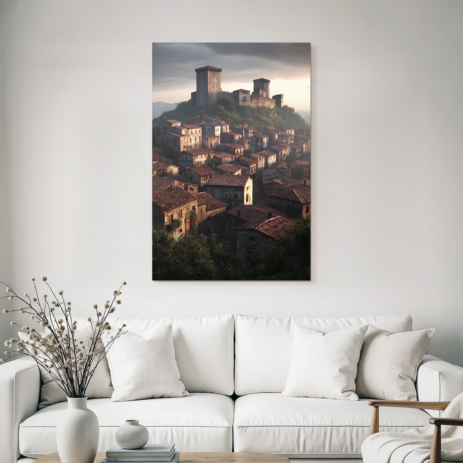 Medieval village with castle in the background at dusk
