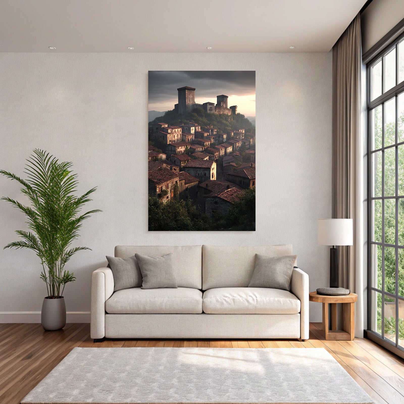Medieval village with castle in the background at dusk