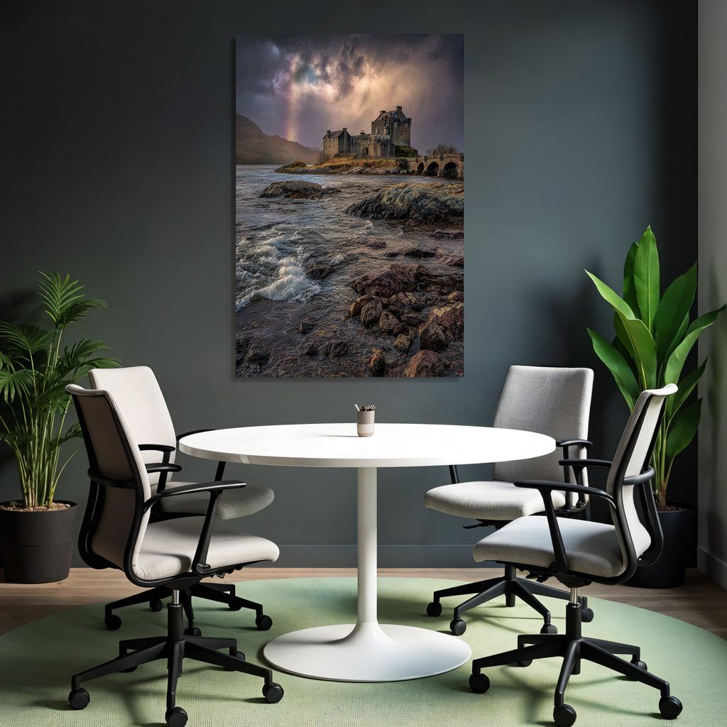 Romantic Castle By The Sea With Rainbow Background