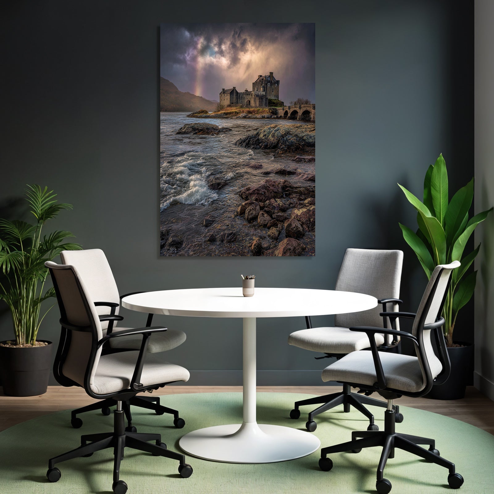 Romantic Castle By The Sea With Rainbow Background