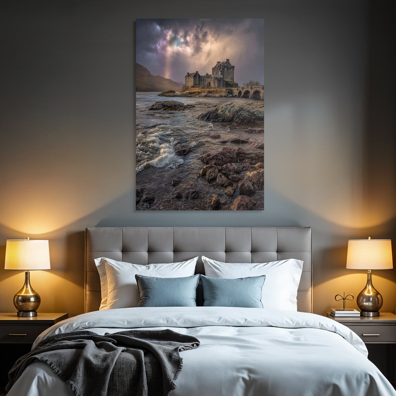 Romantic Castle By The Sea With Rainbow Background