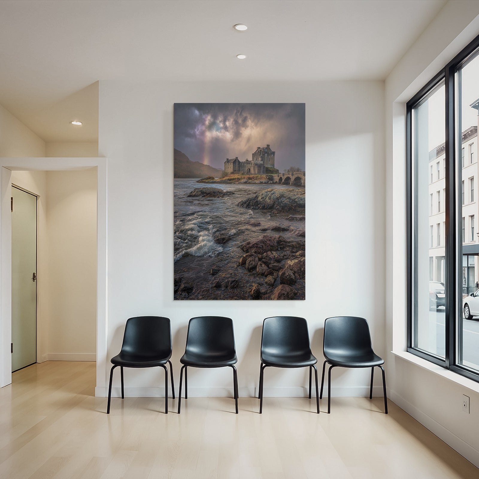 Romantic Castle By The Sea With Rainbow Background