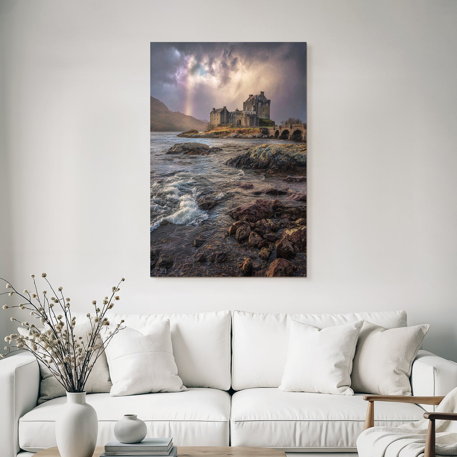 Romantic Castle By The Sea With Rainbow Background