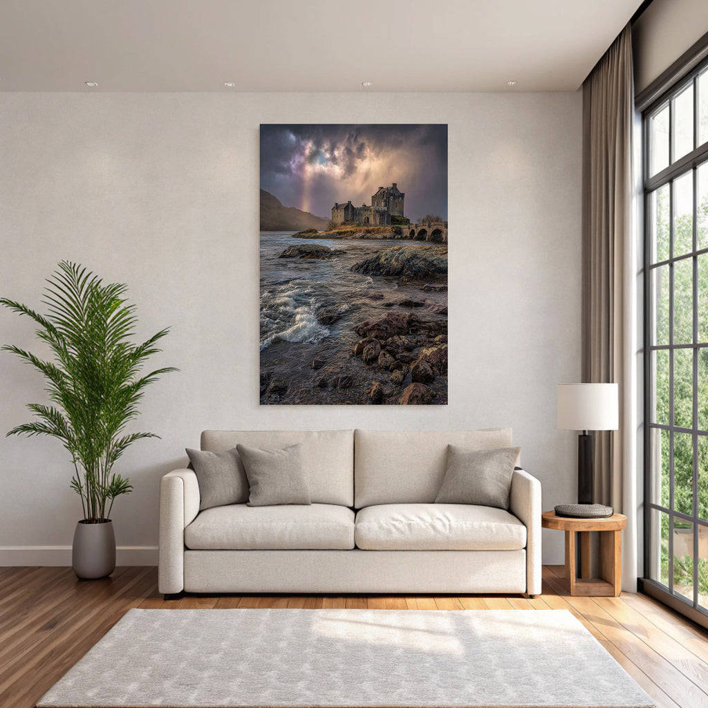 Romantic Castle By The Sea With Rainbow Background