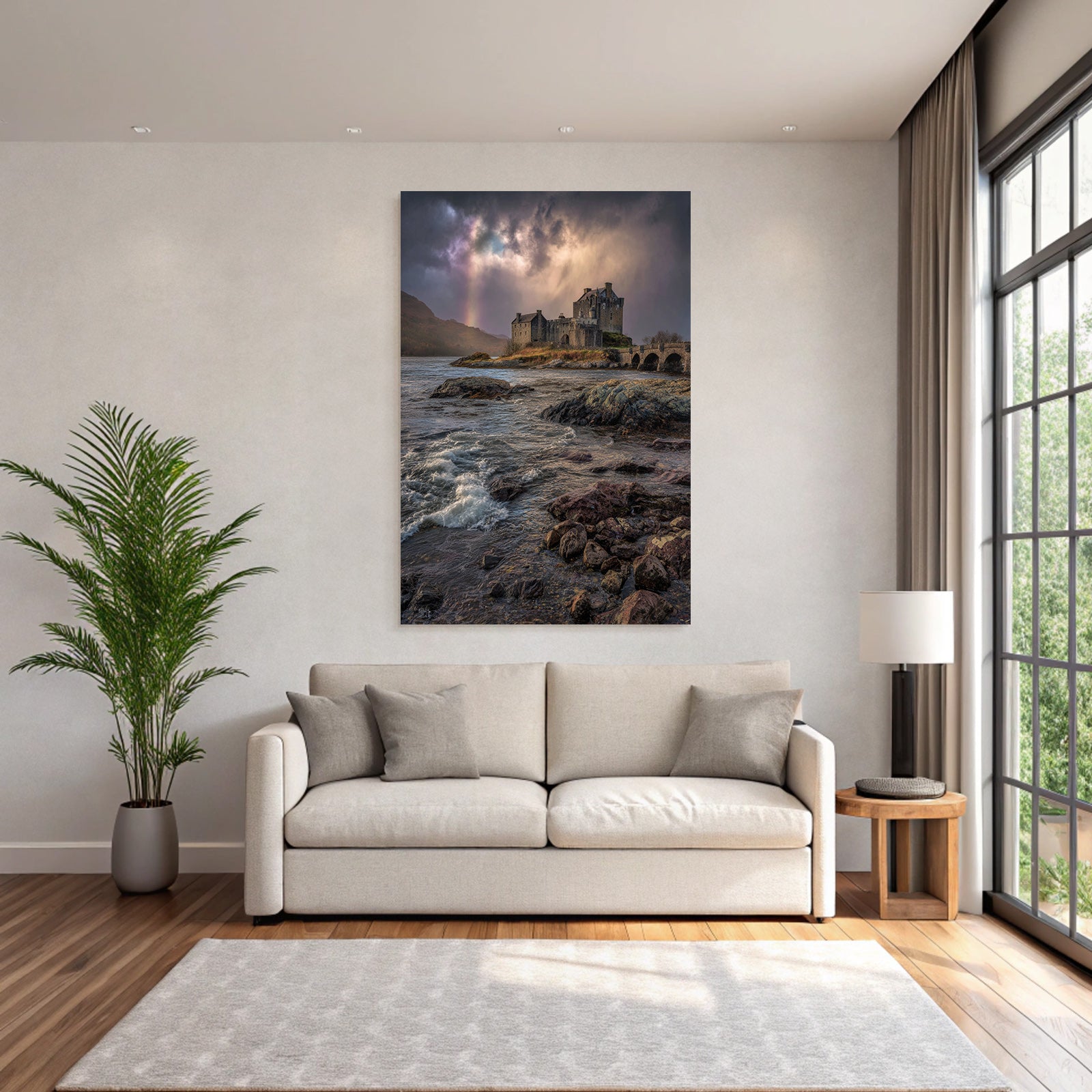 Romantic Castle By The Sea With Rainbow Background