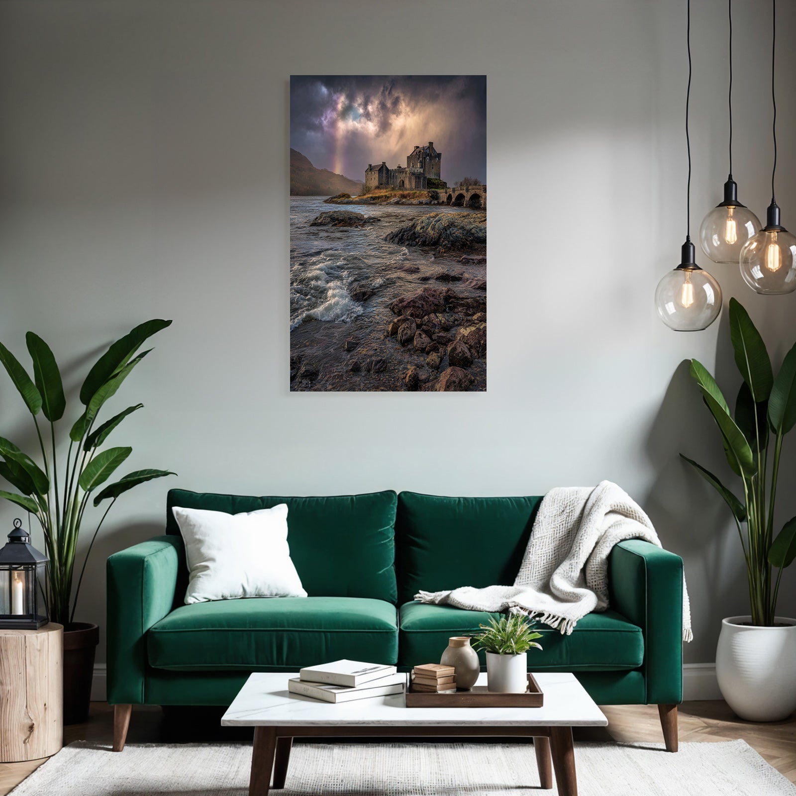 Romantic Castle By The Sea With Rainbow Background