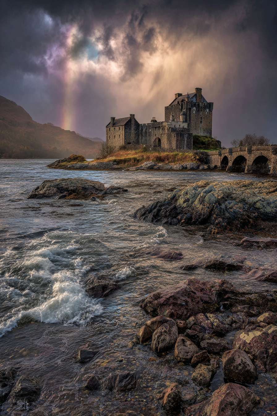Romantisches Schloss Am Meer Mit Regenbogen Hintergrund | Scloesser und Burgen | Architektur