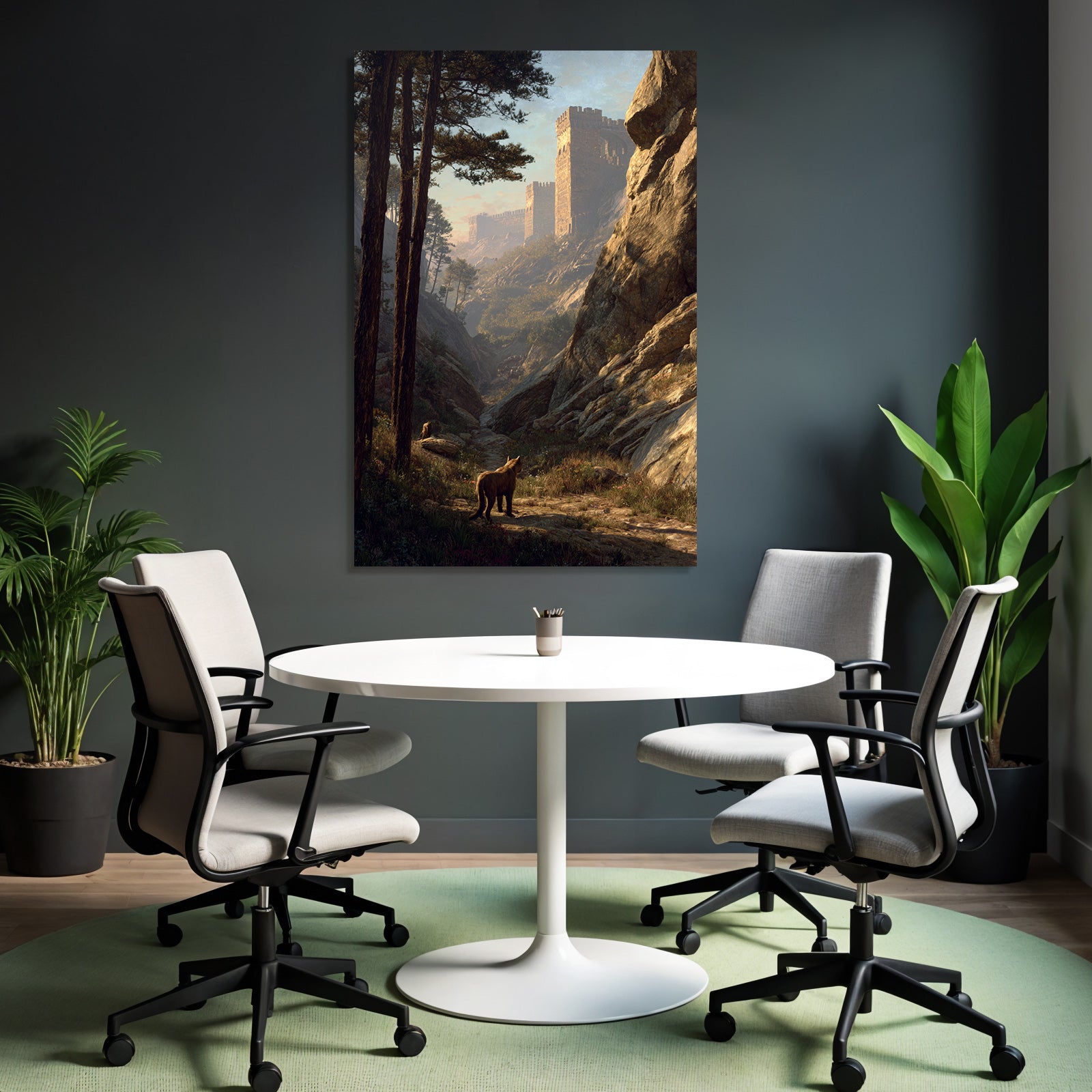 Tranquil Landscape With Animals In Forest With Castle Wall In Background Dawndusk