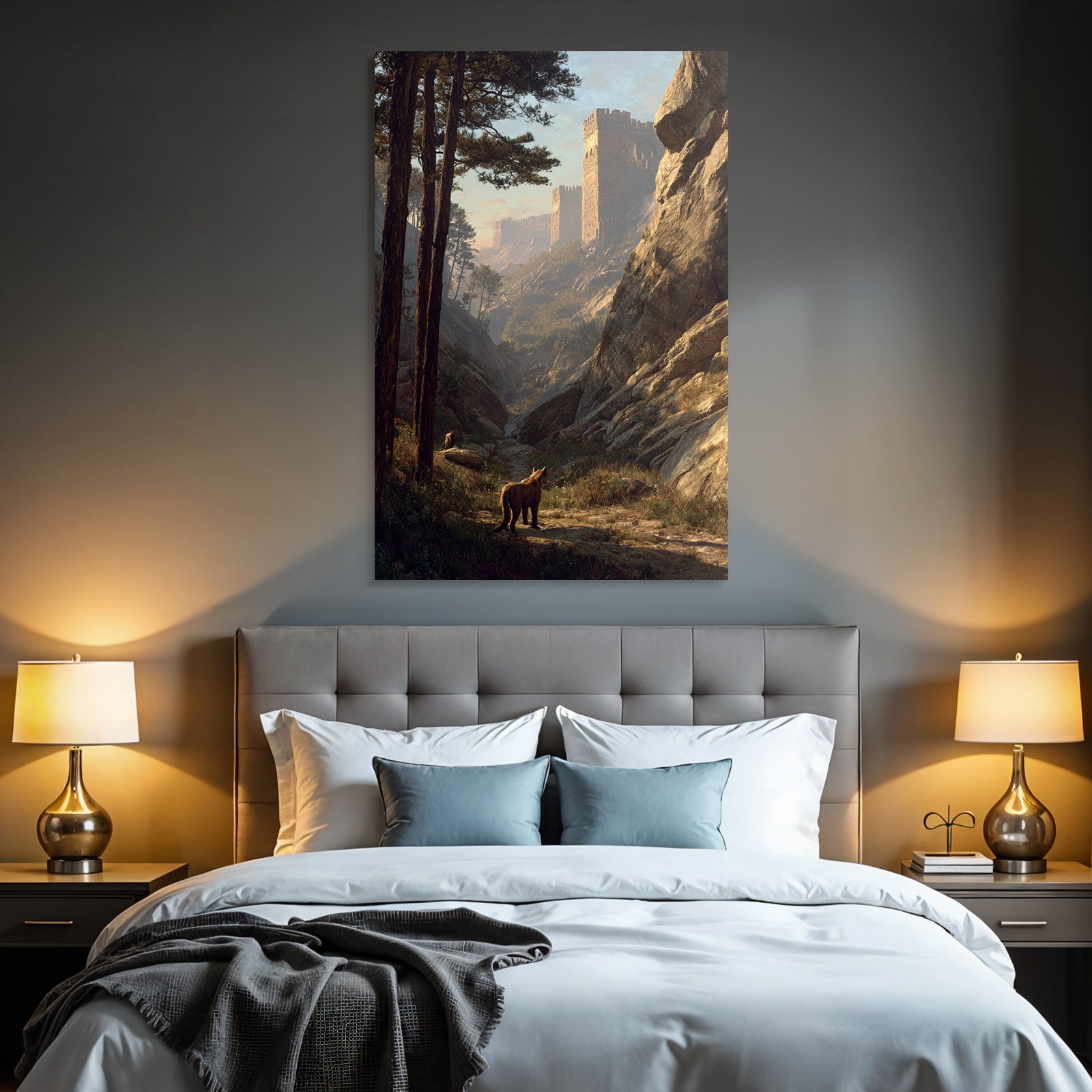 Tranquil Landscape With Animals In Forest With Castle Wall In Background Dawndusk