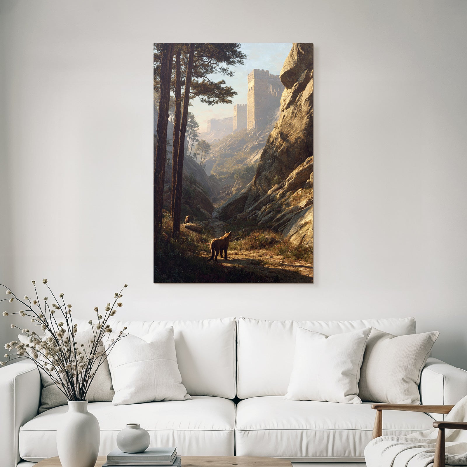 Tranquil Landscape With Animals In Forest With Castle Wall In Background Dawndusk