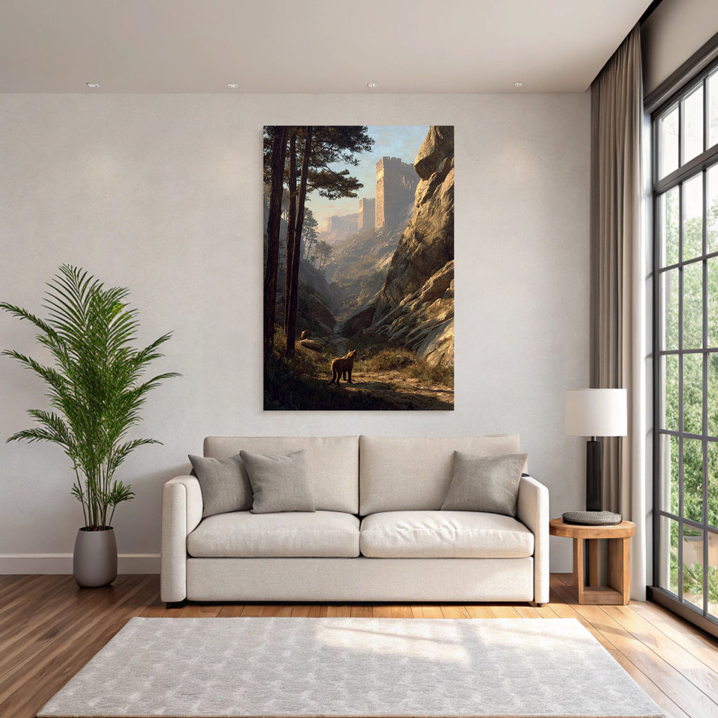 Tranquil Landscape With Animals In Forest With Castle Wall In Background Dawndusk