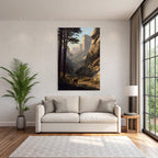 Tranquil Landscape With Animals In Forest With Castle Wall In Background Dawndusk