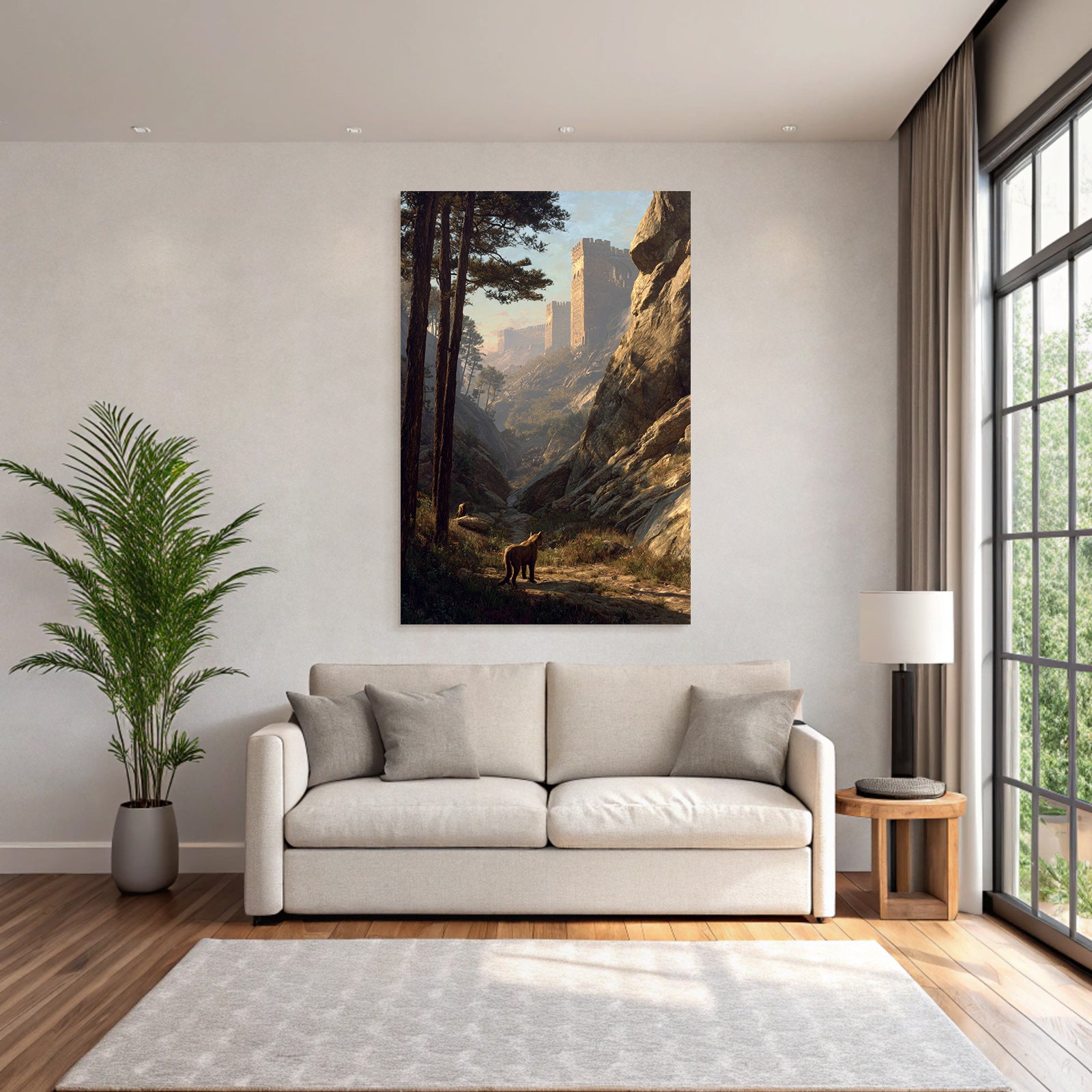 Tranquil Landscape With Animals In Forest With Castle Wall In Background Dawndusk