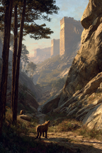 Ruhige Landschaft Mit Tieren Im Wald Mit Burg Wand Im Hintergrund Dawndusk | Scloesser und Burgen | Architektur