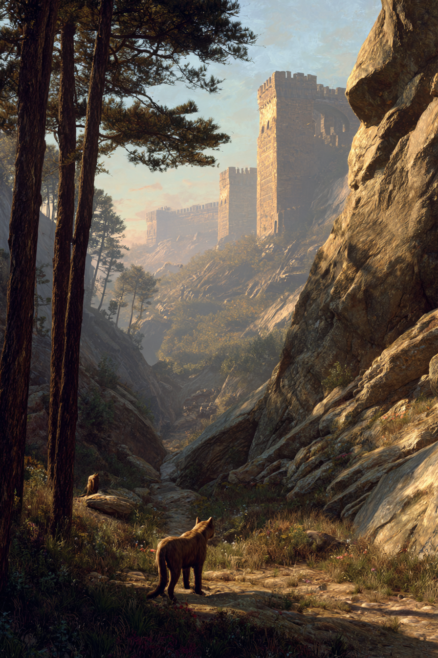 Ruhige Landschaft Mit Tieren Im Wald Mit Burg Wand Im Hintergrund Dawndusk | Scloesser und Burgen | Architektur