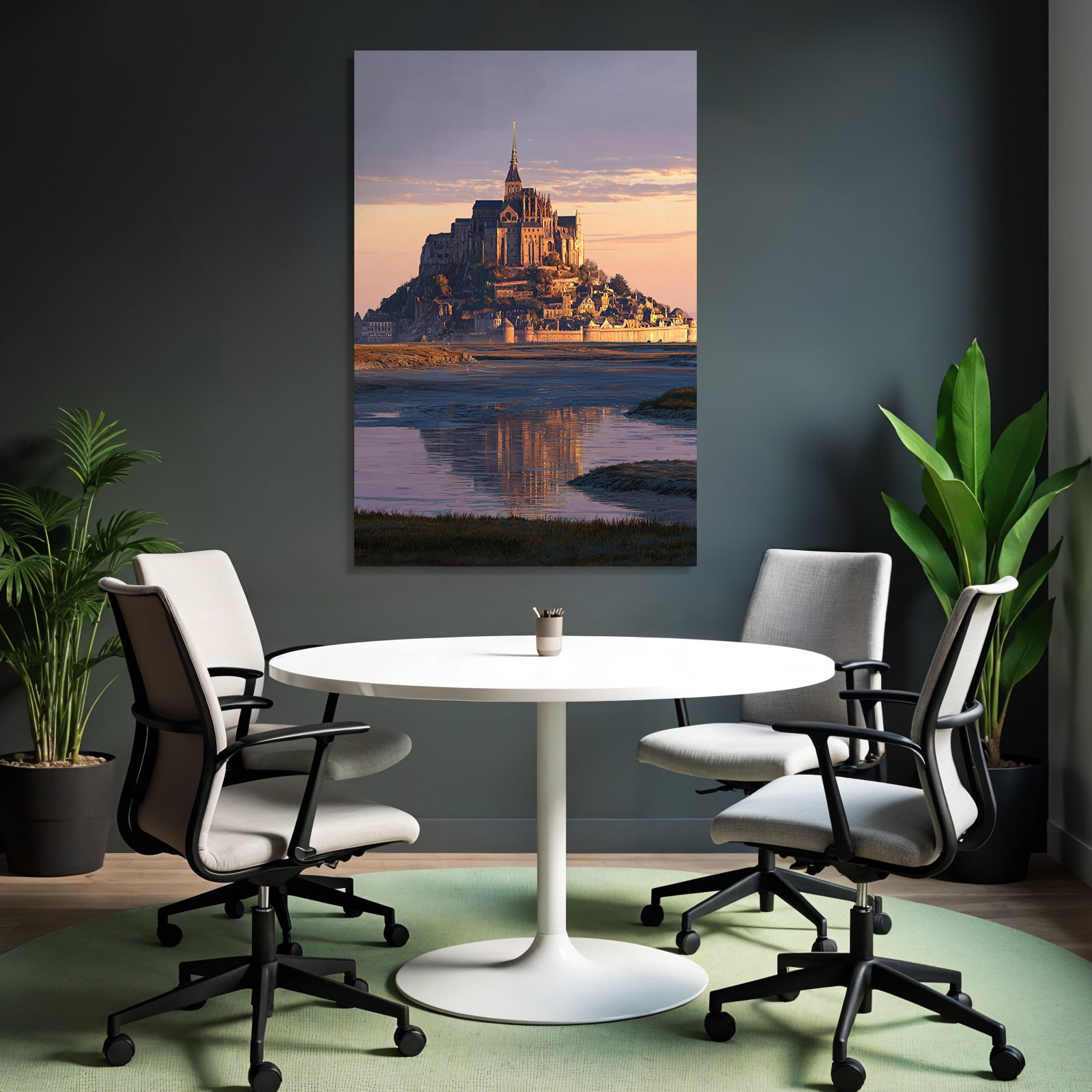 Castle or abbey on island at sunset, reflection in water