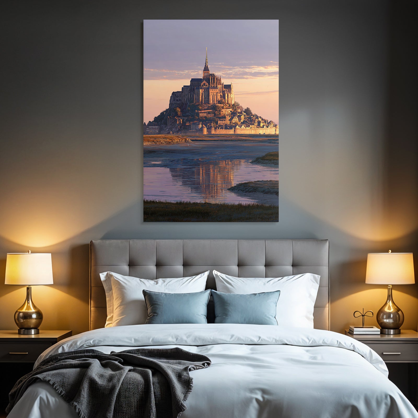Castle or abbey on island at sunset, reflection in water