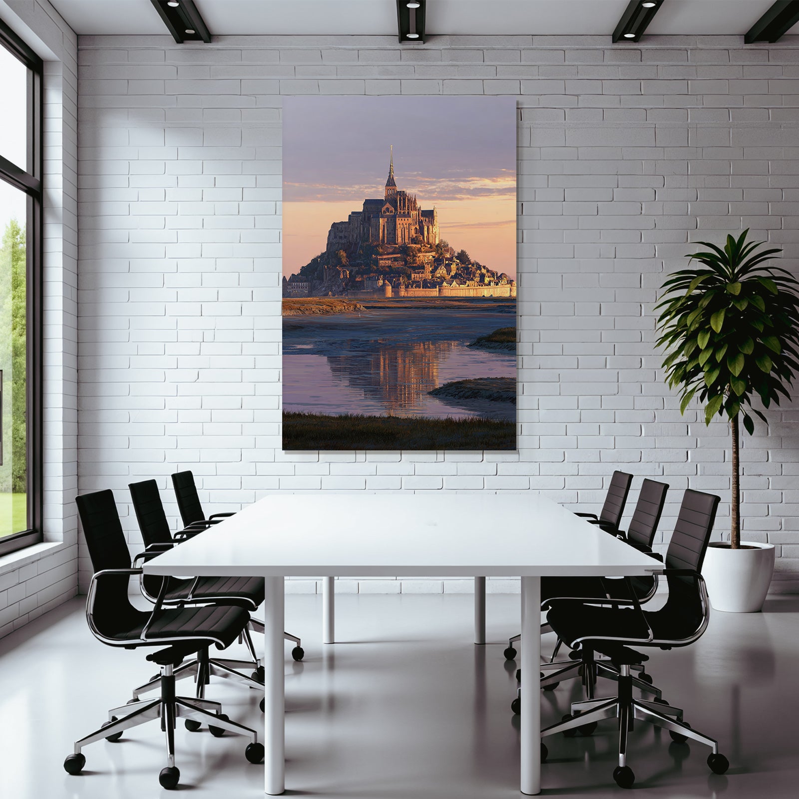 Castle or abbey on island at sunset, reflection in water