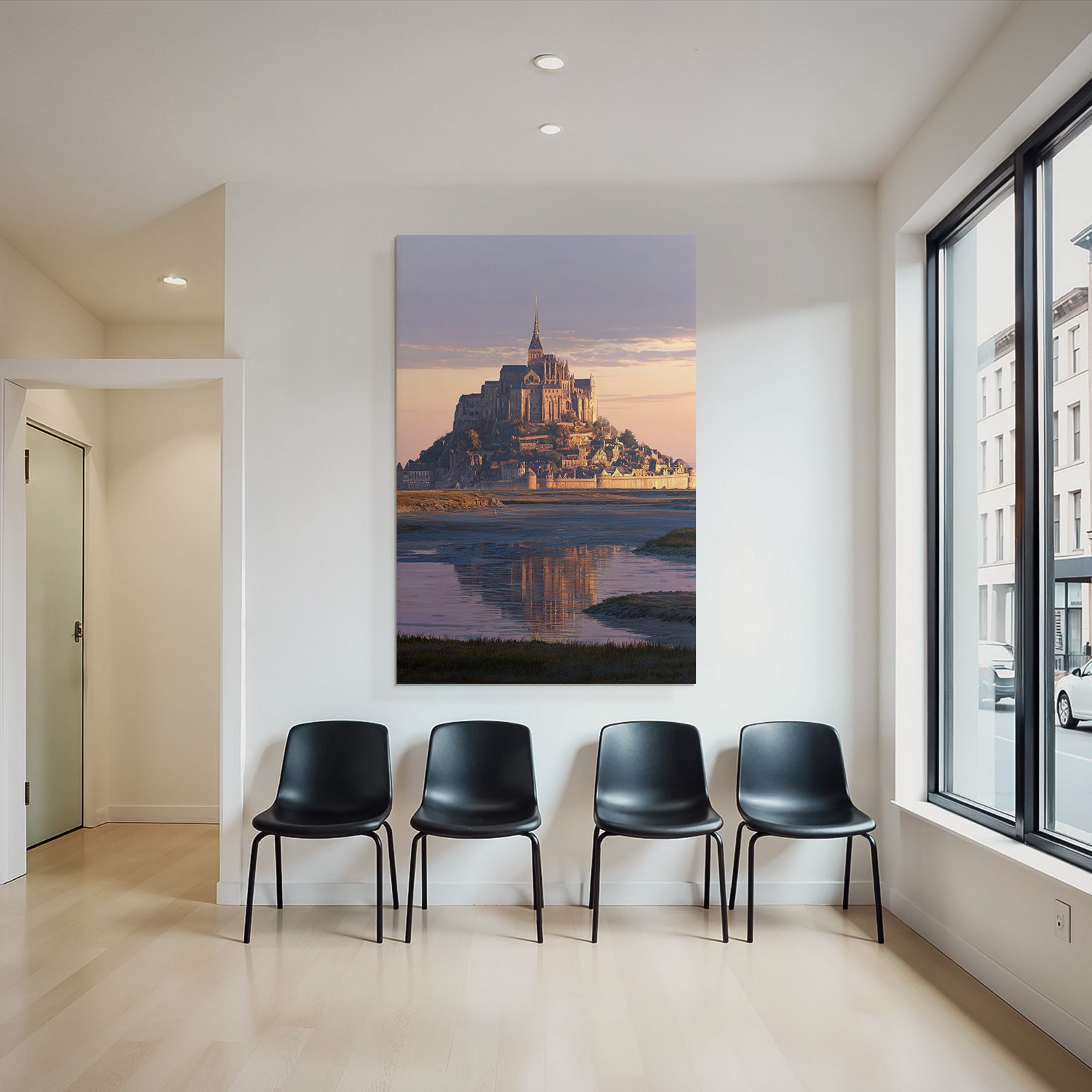 Castle or abbey on island at sunset, reflection in water