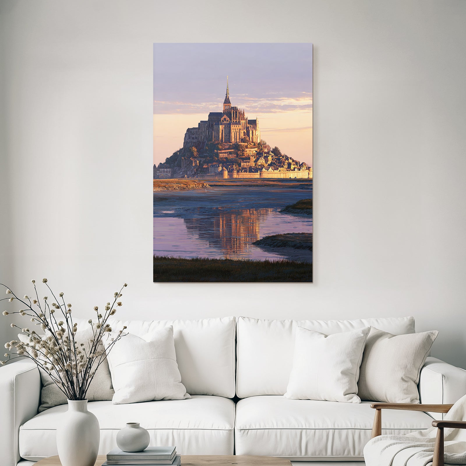 Castle or abbey on island at sunset, reflection in water