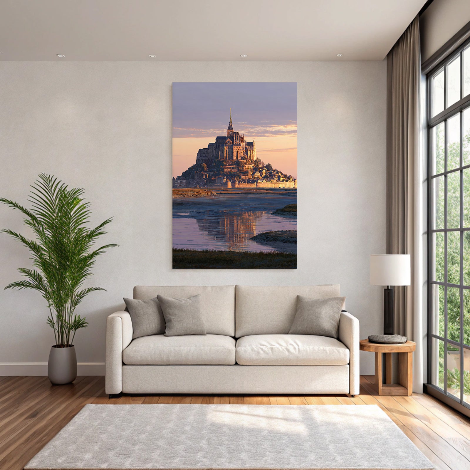 Castle or abbey on island at sunset, reflection in water