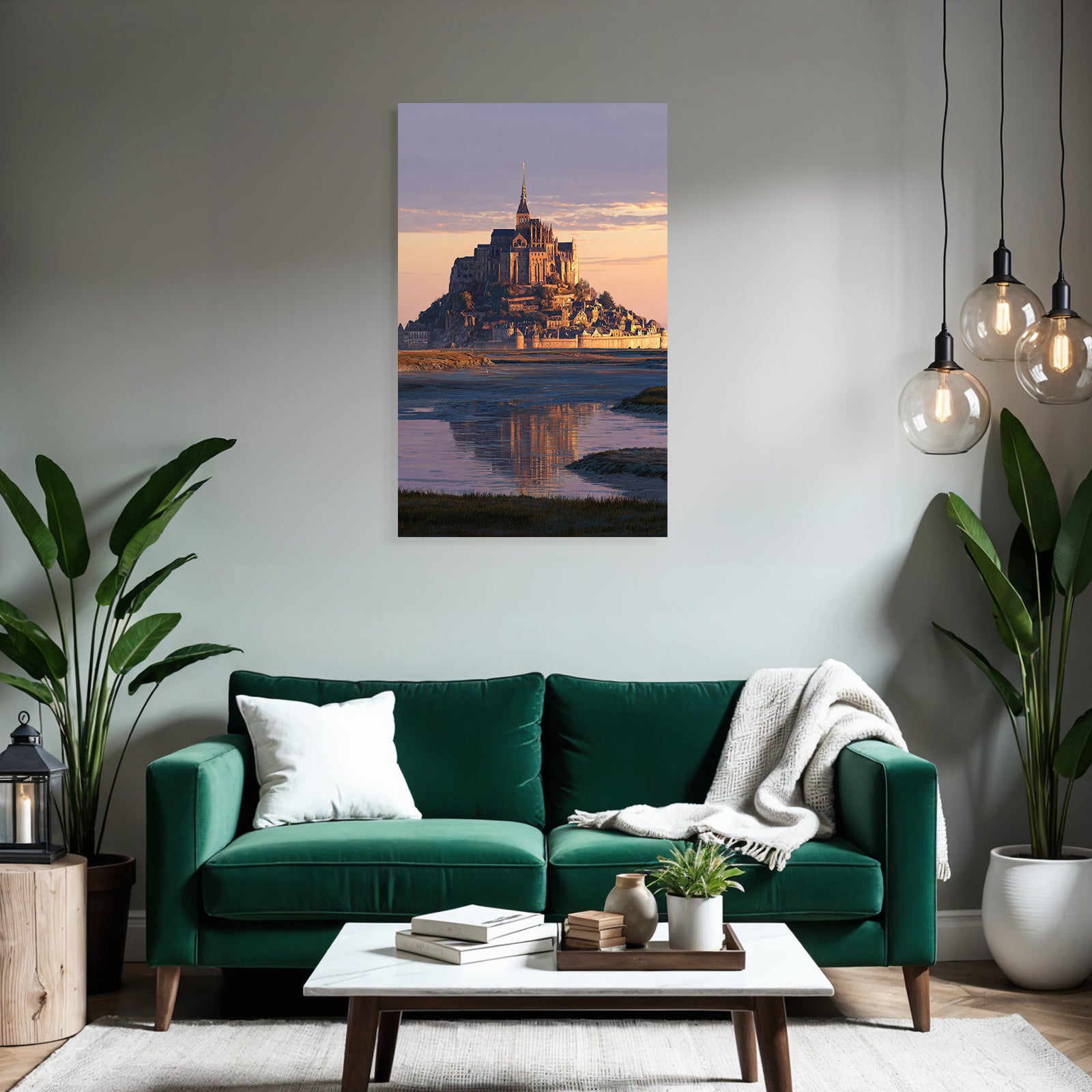 Castle or abbey on island at sunset, reflection in water