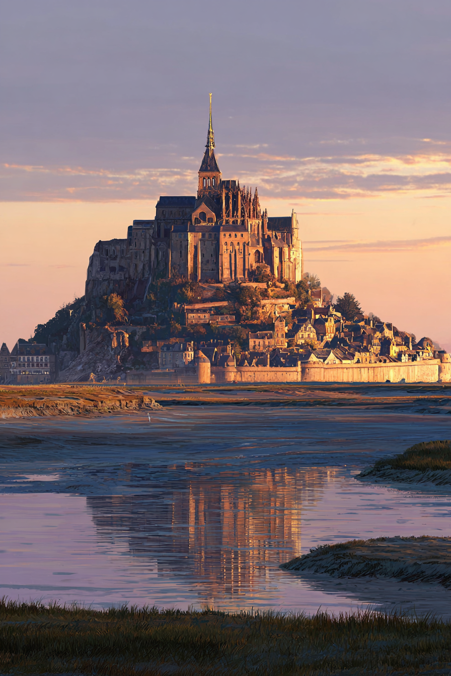 Schloss Oder Abtei Auf Insel Im Sonnenuntergang Reflektion Im Wasser | Scloesser und Burgen | Architektur