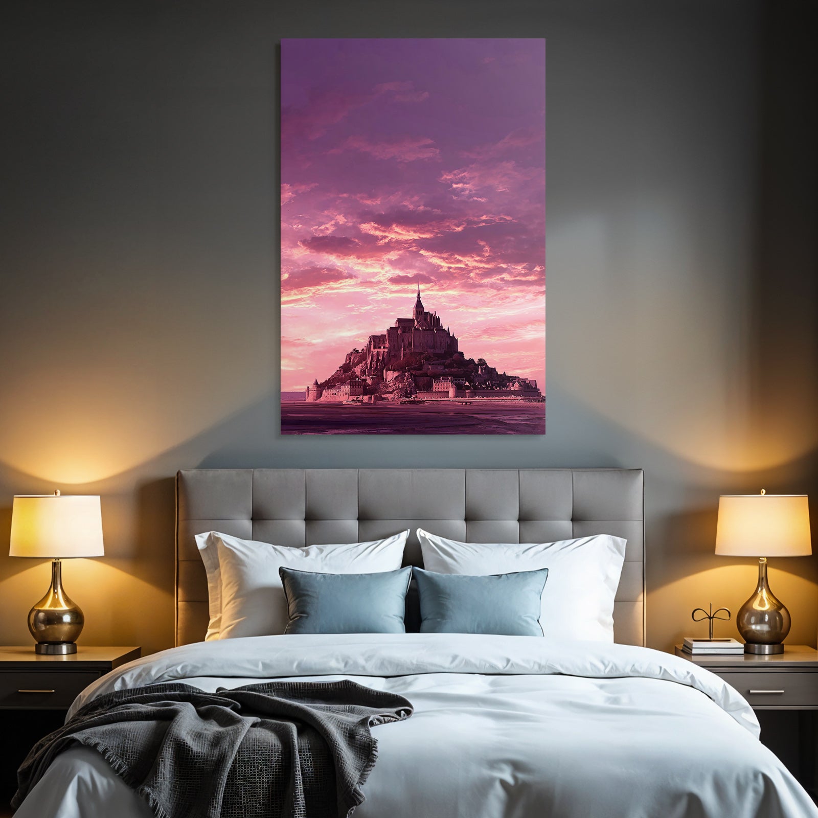 Dreamy castle on an island with dramatic skies