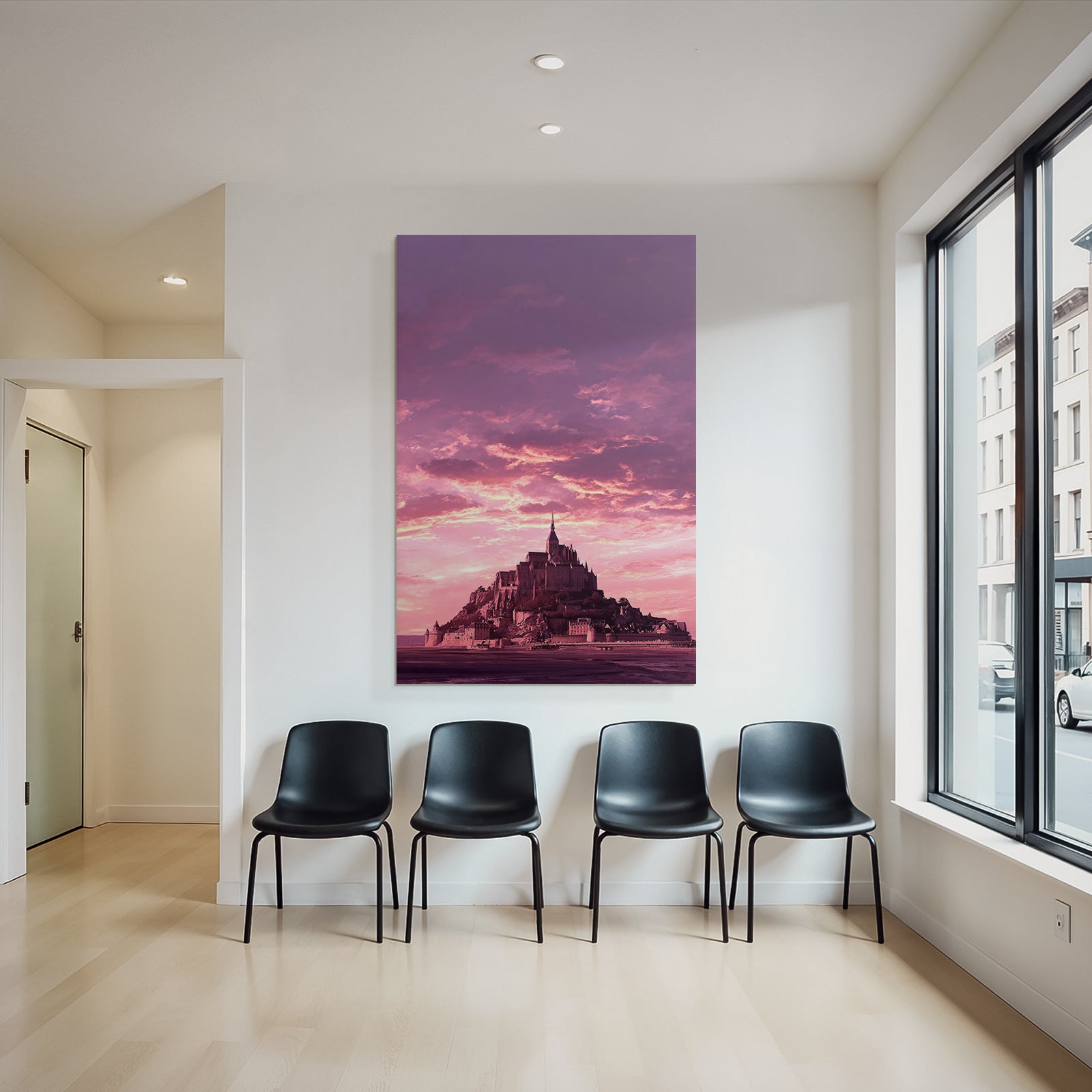 Dreamy castle on an island with dramatic skies