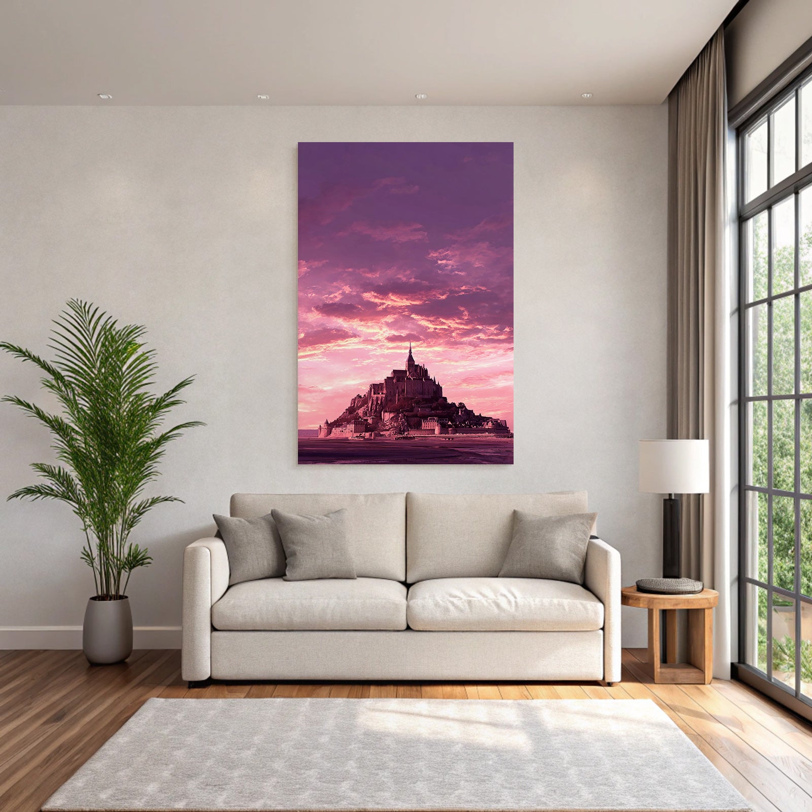 Dreamy castle on an island with dramatic skies