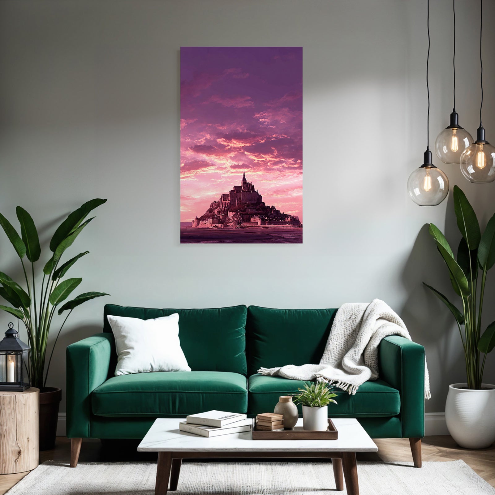 Dreamy castle on an island with dramatic skies