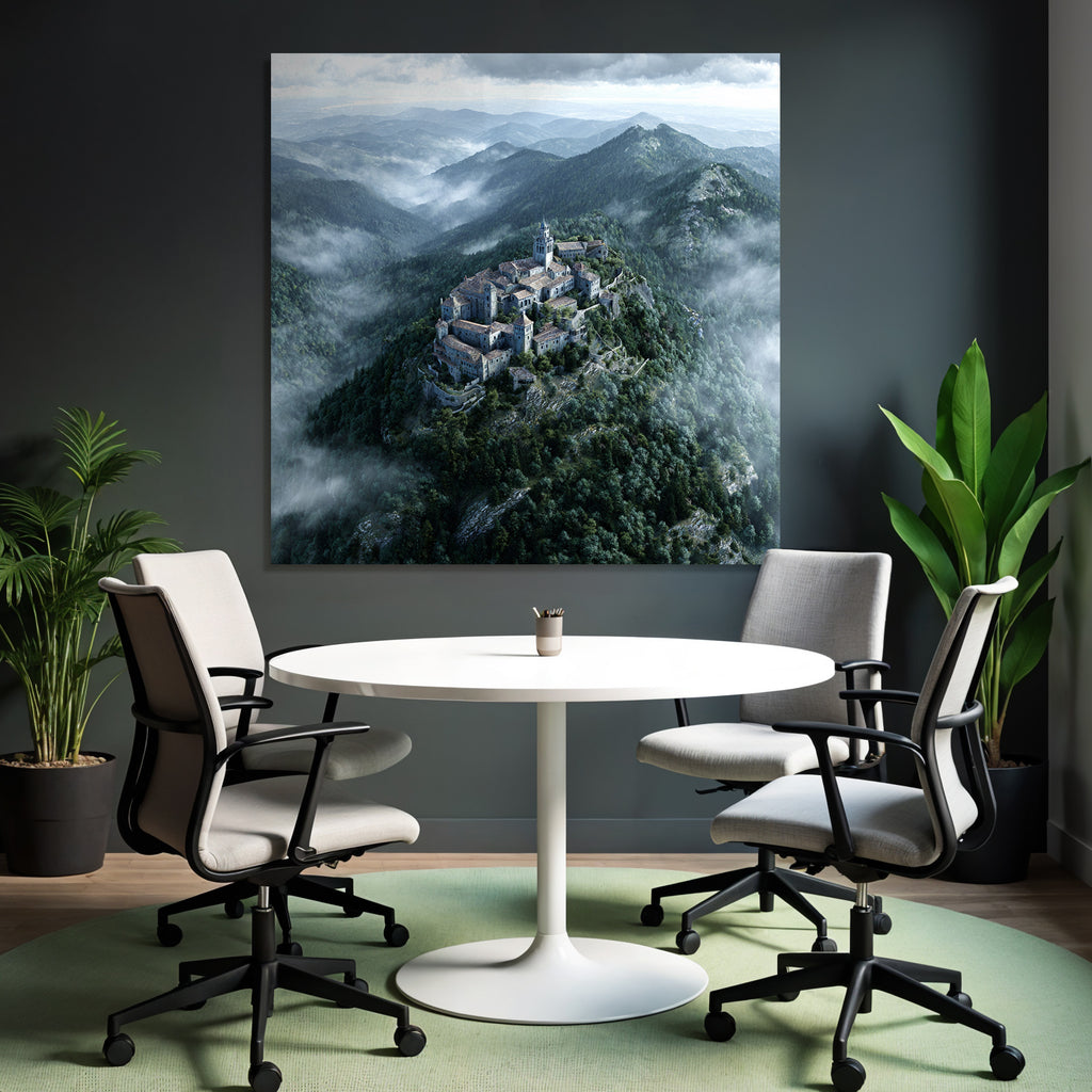 Castle on the mountain surrounded by forest and fog