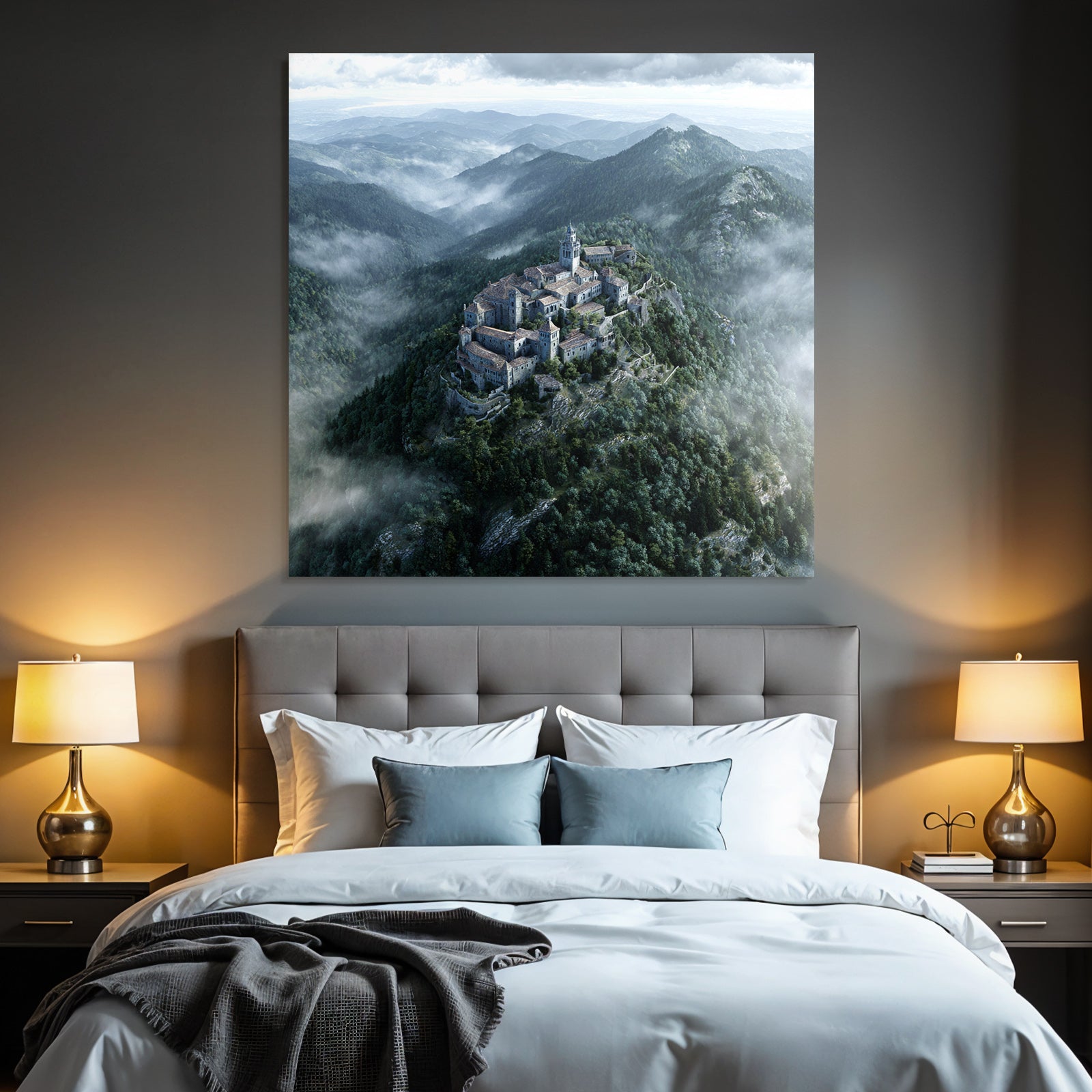 Castle on the mountain surrounded by forest and fog
