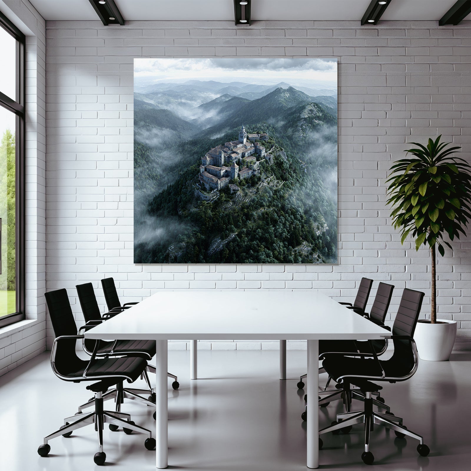 Castle on the mountain surrounded by forest and fog
