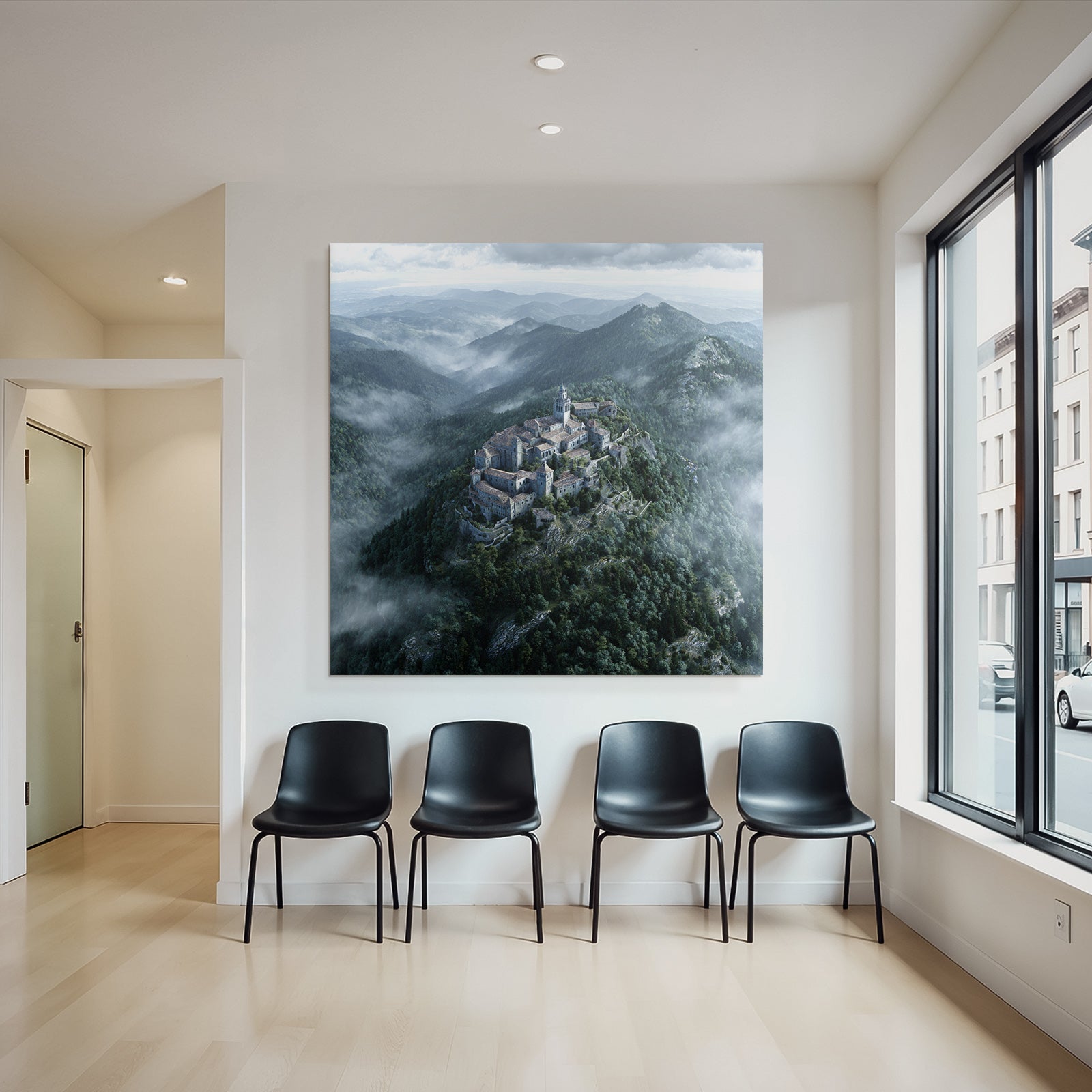 Castle on the mountain surrounded by forest and fog