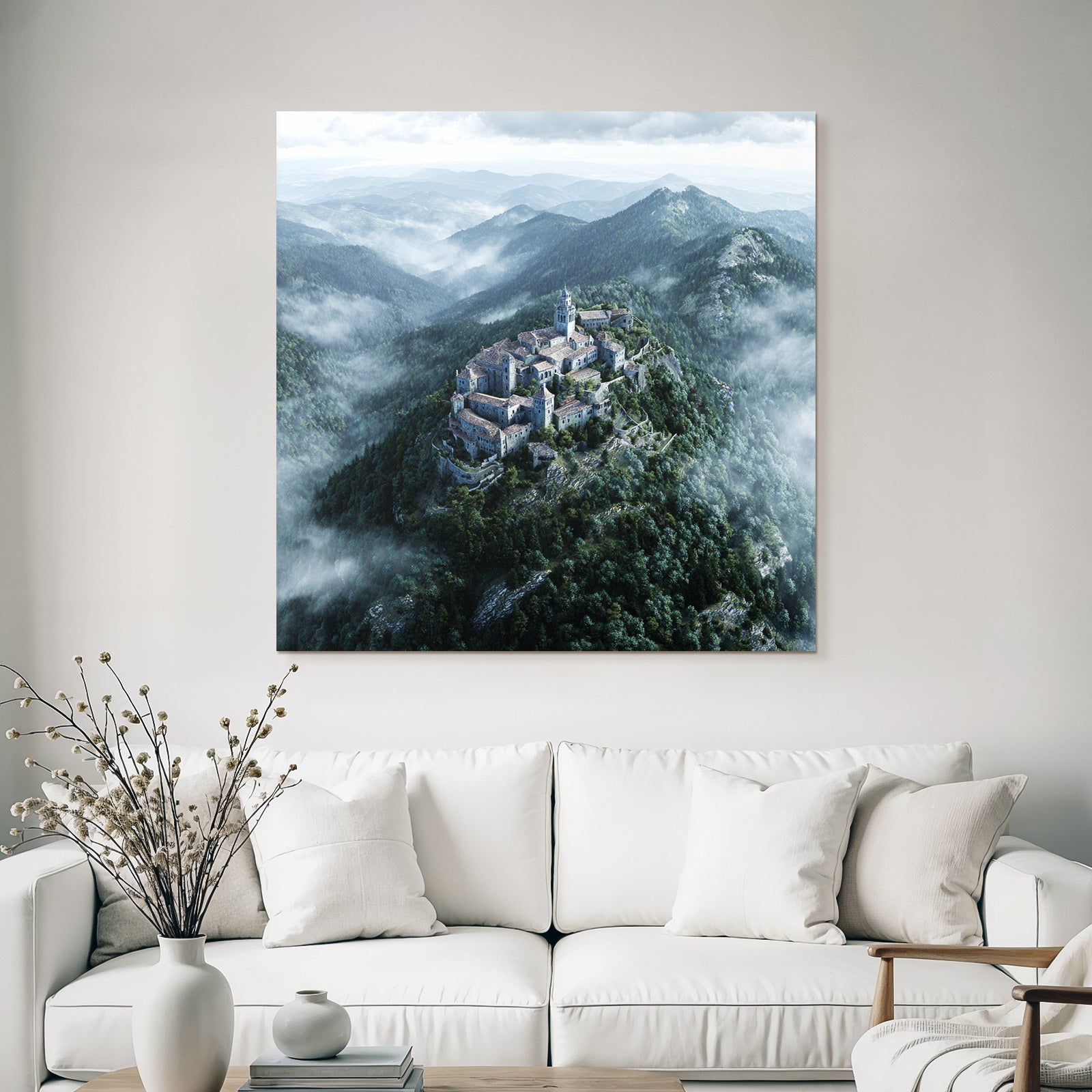 Castle on the mountain surrounded by forest and fog
