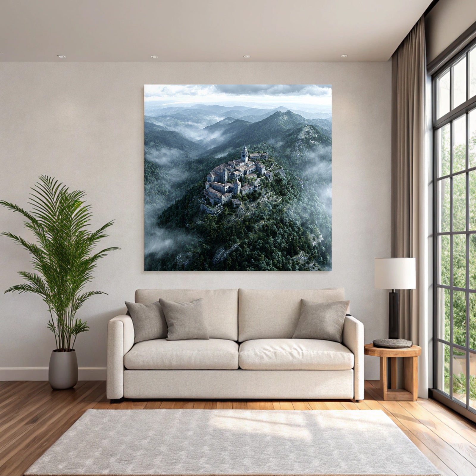 Castle on the mountain surrounded by forest and fog